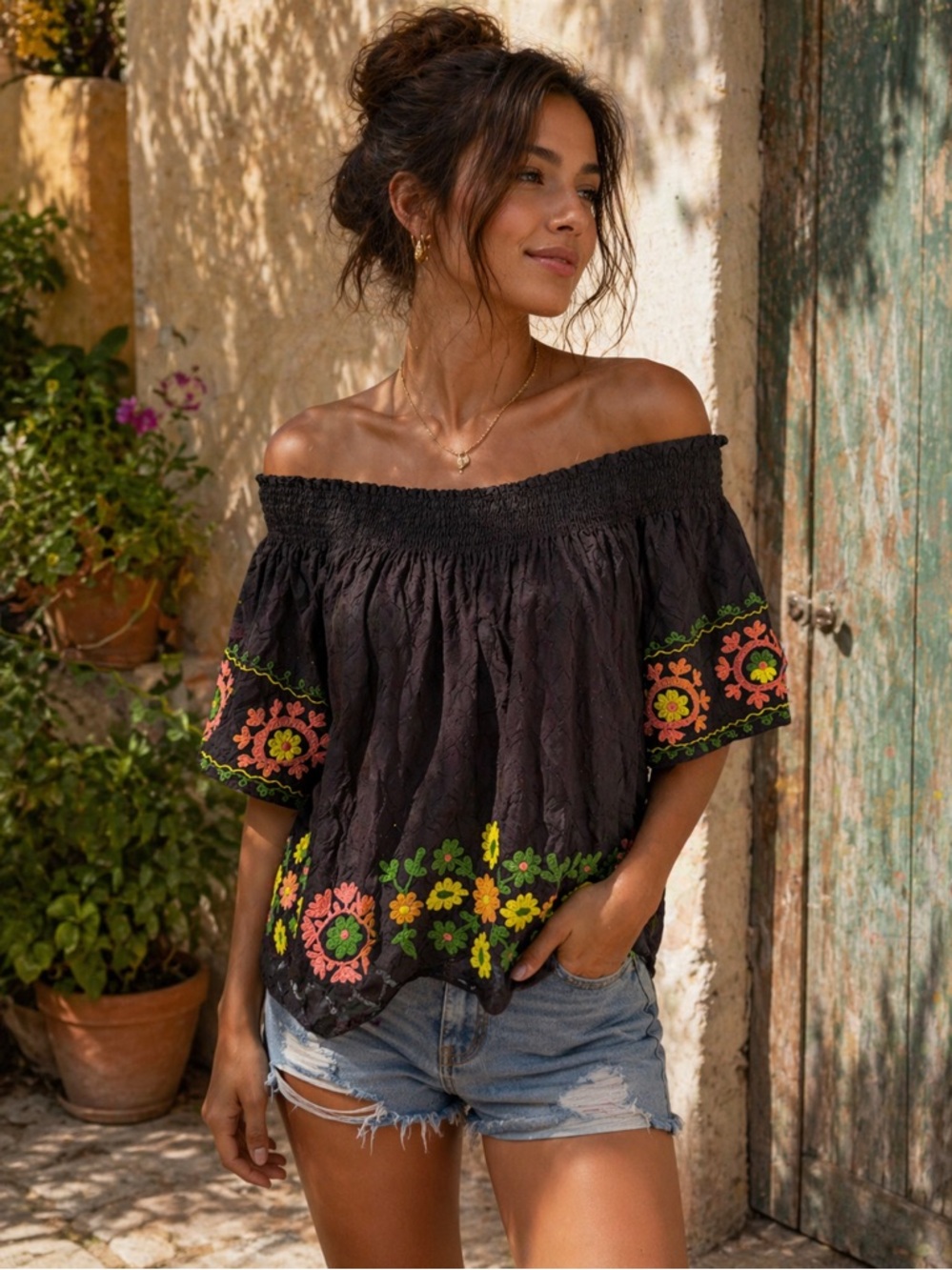 Modaposa Black Embroidered Top